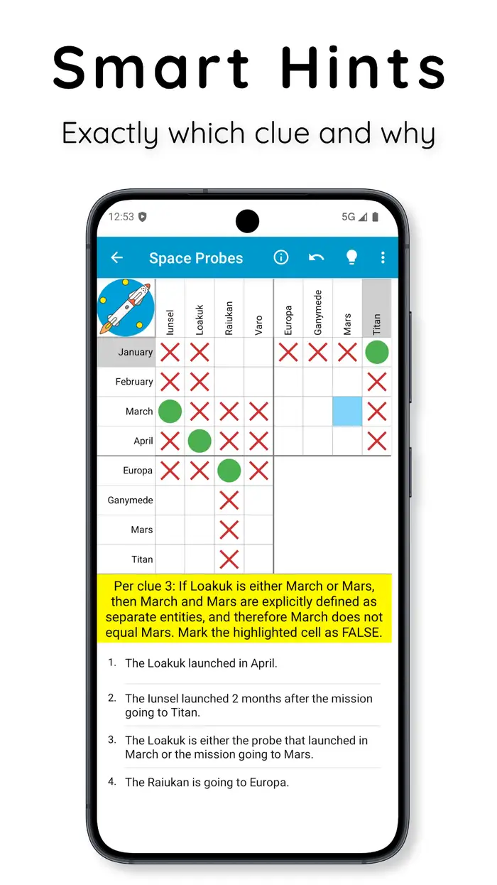 Tabela de cruzamentos do Logic Grid Puzzles parcialmente preenchida