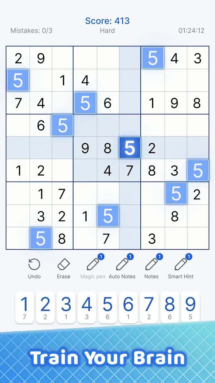 Grelha de sudoku clássico com algarismos preenchidos a roxo